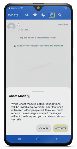 Active Ghost Mode in Khaled WhatsApp blue